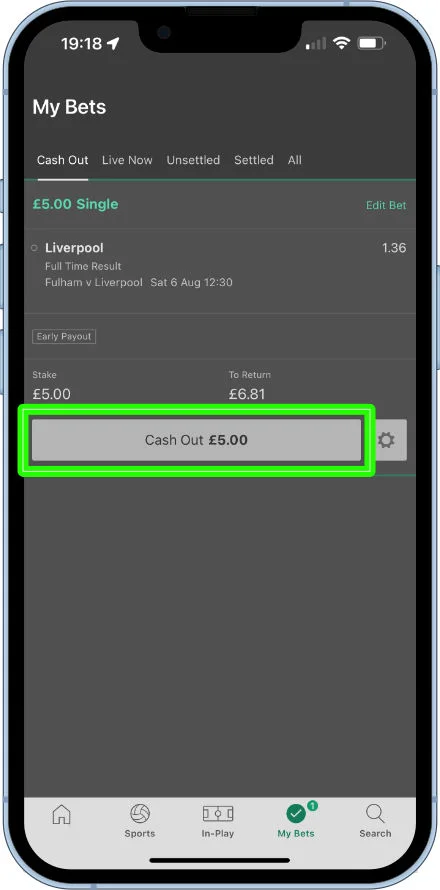 Cash out in the Bet365 app